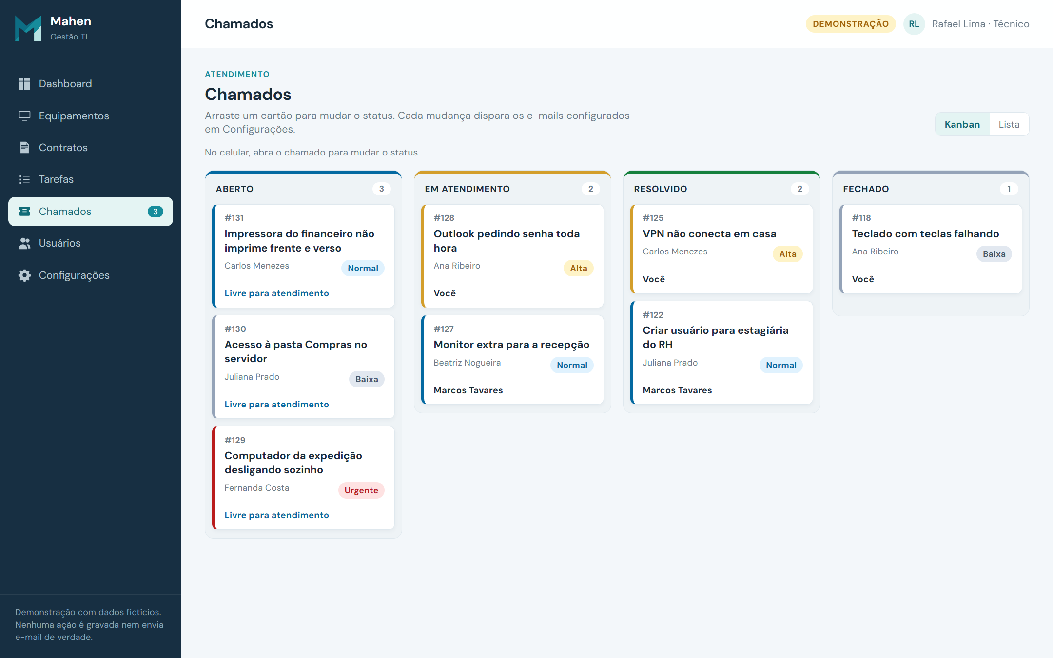 Quadro Kanban de chamados com colunas Aberto, Em atendimento, Resolvido e Fechado